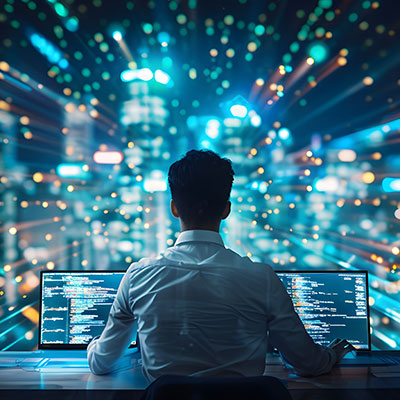 Man using computer in futuristic city